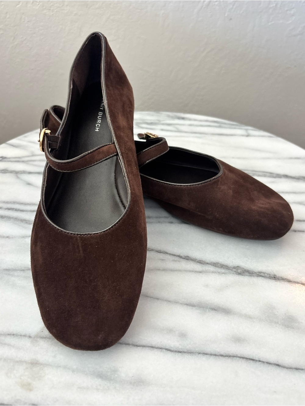 Tory Burch Chocolate Brown Suede Mary Jane Flats - Picture 2 of 12